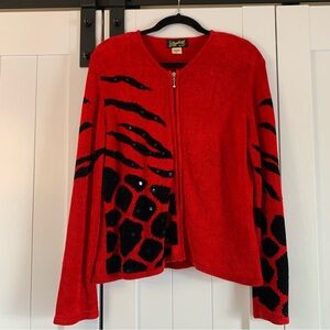 Vintage Elizabeth New York Chenille Sweater XL Red Animal Print Zip